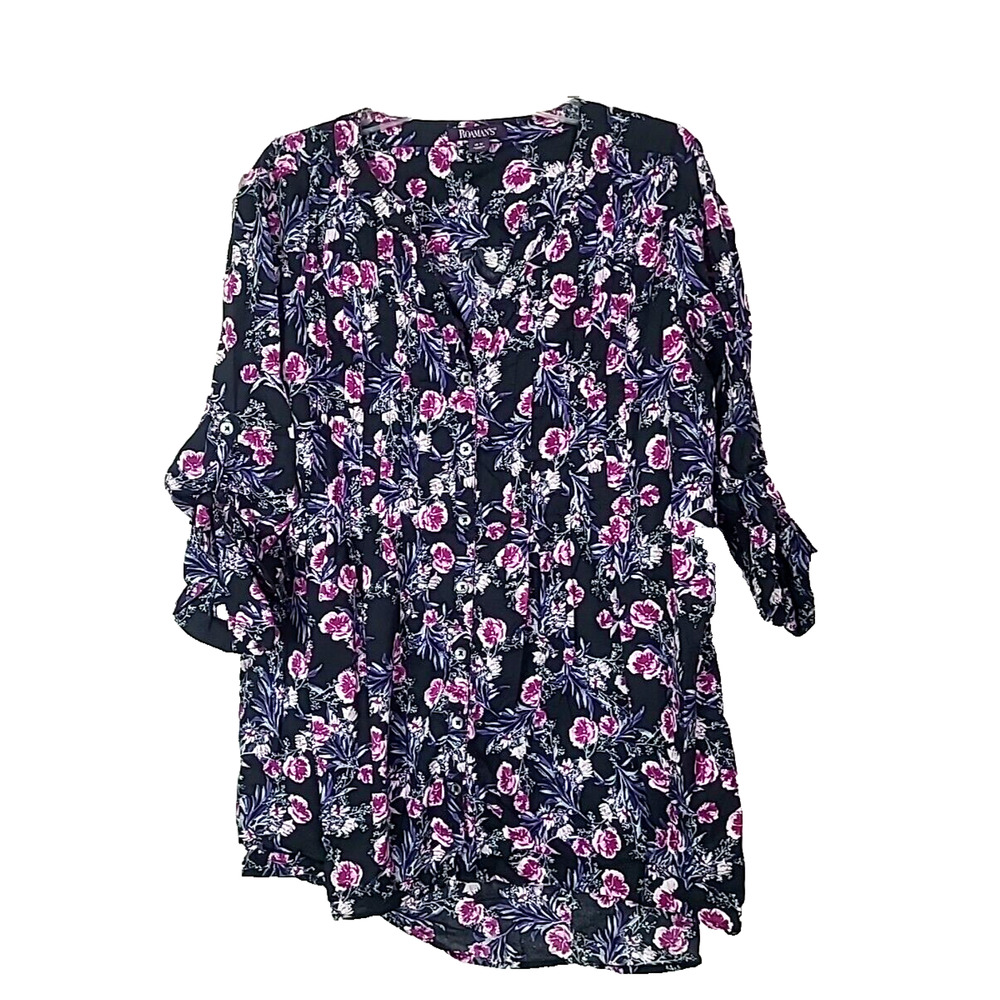 Roaman's Black Floral Print Button Front Roll Tab Sleeve Top‎ Womans Size 18W